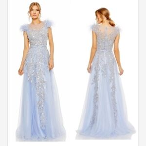 NWT Mac Duggal 20520 -High-Neck Feathered Periwinkle Blue Dress SZ 8